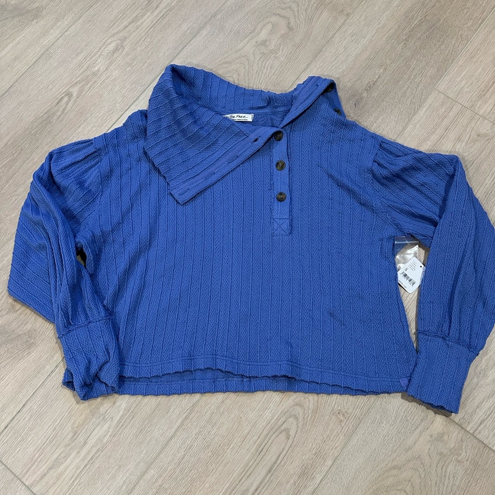 We The Free Blue Ribbed Button-Up Top